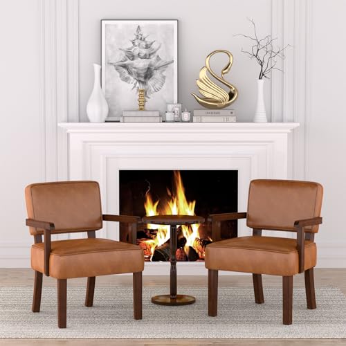 Accent Chairs Set of 2, 2 Solid Wood Armchairs with Side Table | Faux Leather Chair with Soft Thicken Cushion, Comfy Reading Chair for Bedroom, Waiting Room, Home Office, Easy Assembly - color: Faux Leather Brown, size: Set of 2 with table
