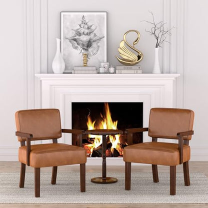 Accent Chairs Set of 2, 2 Solid Wood Armchairs with Side Table | Faux Leather Chair with Soft Thicken Cushion, Comfy Reading Chair for Bedroom, Waiting Room, Home Office, Easy Assembly - color: Faux Leather Brown, size: Set of 2 with table