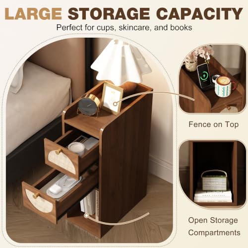 Narrow Nightstand Set of 2 (Rattan & Wood) - Small Bedside Table with 2 Drawers, Open Shelf, Mid Century Modern End Table - for Bedroom, Living Room & Small Spaces, Walnut - color: Walnut, size: 7.9"W (2 Pc)
