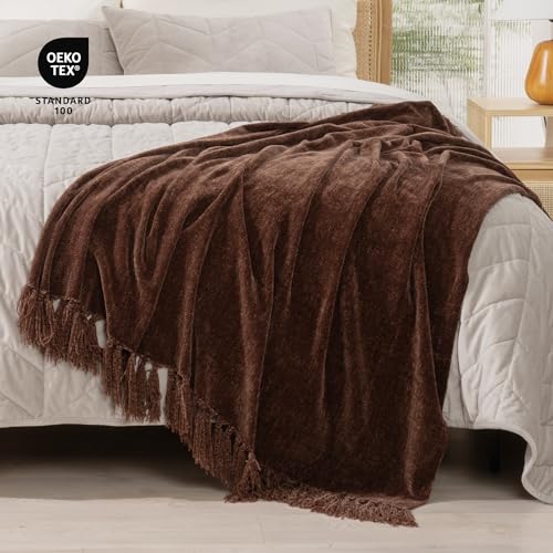 RECYCO Chenille Throw Blanket for Couch, 60"x80", Brown | Super Soft Knit Throw Blanket with Fringe Tassels, Lightweight Knitted Throw, Cozy, Ideal for Sofa Chair Bed Living Room Gift - color: Brown, size: 60'' X 80''