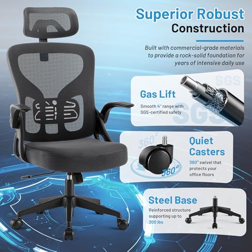 Office Chair Ergonomic Desk Chair with Adjustable Headrest Lumbar Support, High Back Breathable Mesh Chair with 120° Tilt & Flip-Up Armrests, Swivel Comfy Task Computer Chair for Work, Study - color: Dark Gray