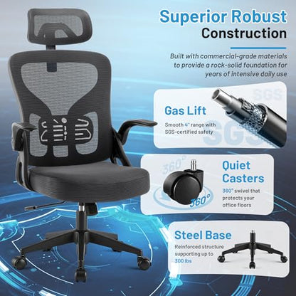 Office Chair Ergonomic Desk Chair with Adjustable Headrest Lumbar Support, High Back Breathable Mesh Chair with 120° Tilt & Flip-Up Armrests, Swivel Comfy Task Computer Chair for Work, Study - color: Dark Gray