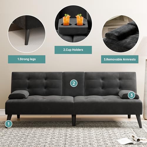 64" Futon Sofa Bed, Convertible Loveseat with 2 Cup Holders, Small Couch with 3 Adjustable Angles, Removable Armrests, Small Sofa for Apartment, 5.3 FT, Black - color: Black
