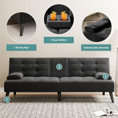 64" Futon Sofa Bed, Convertible Loveseat with 2 Cup Holders, Small Couch with 3 Adjustable Angles, Removable Armrests, Small Sofa for Apartment, 5.3 FT, Black - color: Black