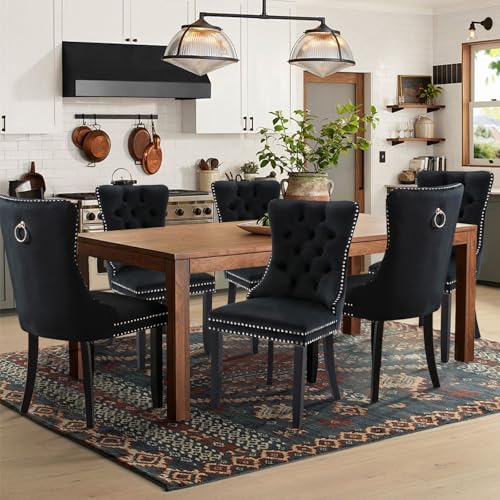 Velvet Upholstered Dining Chairs Set of 6, Modern Style Kitchen Side Chairs with Nailhead Trim and Wood Legs,Metal Pulling Ring for Dining Room Living Room(Black,Set of 6) - color: Black, size: Set of 6