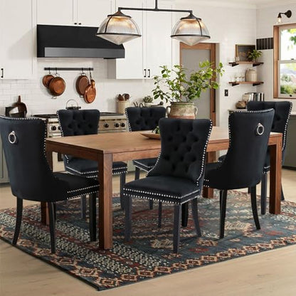 Velvet Upholstered Dining Chairs Set of 6, Modern Style Kitchen Side Chairs with Nailhead Trim and Wood Legs,Metal Pulling Ring for Dining Room Living Room(Black,Set of 6) - color: Black, size: Set of 6