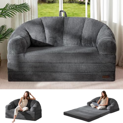 MAXYOYO Folding Sofa Bed with Backrest, Boneless Fold Out Couch with Handle | 2 in 1 Convertible Bean Bag Chair to Floor Sofa Lounger, Comfy Folding Couch for Bedroom & Living Room, Dark Grey, Loveseat - color: Dark Grey, size: Loveseat