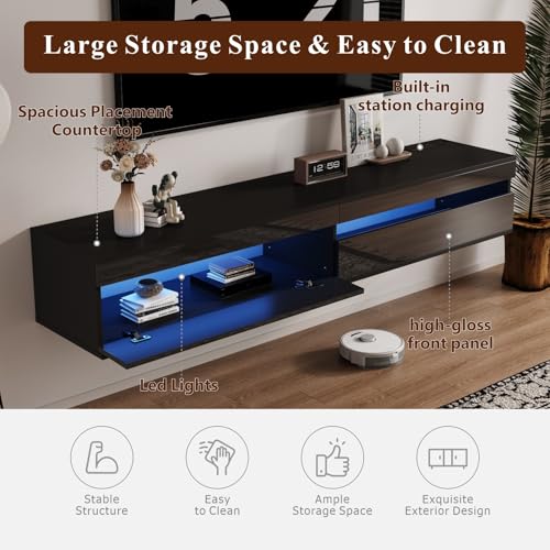 basenji 71" Floating TV Stand Wall Mounted,Solid Wood Entertainment Center with LED Lighting & Power Outlet, High-Gloss Modern Media Console for TVs up to 85",Tv Consoles for Living Room,Black - color: Black