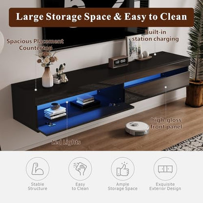 basenji 71" Floating TV Stand Wall Mounted,Solid Wood Entertainment Center with LED Lighting & Power Outlet, High-Gloss Modern Media Console for TVs up to 85",Tv Consoles for Living Room,Black - color: Black