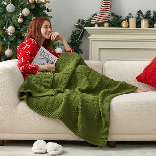 Knit Throw Blanket, Soft Chenille Cozy Breathable Checkered Chunky Decorative Blanket for Couch, Bed & Sofa, French-Inspired Lightweight Warm Gift for Women, Olive Green, 50"x60" - color: Checkered Olive Green, size: Checkered Knit 50"x60"