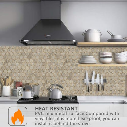 STICKGOO Hexagon Peel and Stick Backsplash Tile, Stick on Backsplash for Kitchen and Bathroom, Stone Beige PVC Mixed Metal Gold Self Adhesive Wall Tiles(10 Sheets, Seamless) - color: Stone Beige with Metal Gold