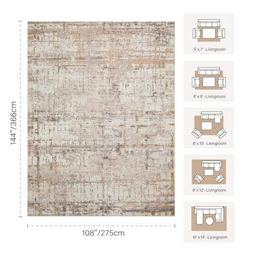 9x12 Beige Modern Abstract Neutral Washable Rug for Living Room | Machine Washable,Soft,Non-Slip,Large Rug,Stain Resistant Low Pile Carpet for Office Dining Room Kitchen Home Deco - color: Beige Grey, size: 9' x 12' (Rectangular)