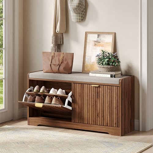 Maupvit 39.4" Fluted Shoe Bench with Storage, Narrow Entryway Bench, Walnut | with Removable Seat Cushion & 2 Flip-Drawers, Shoe Cabinet Bench, Boho Hidden Shoe Rack for Entrance, Hallway, Living Room - color: Walnut
