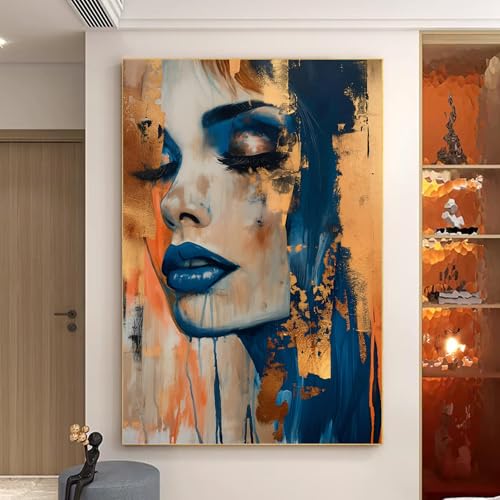 Wallvelart Orange Blue Canvas Wall Art Abstract Face Picture Portrait Wall Art Modern Abstract Art Painting Blue And Orange Abstract Picture Female Portrait Painting 16x24inch No Frame