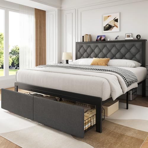 PHGLL Queen Bed Frame with Upholstered Headboard and 2 Storage Drawers, Platform Bed Frame with Charging Station, All Metal Structure, Noise Free, No Box Spring Needed, Grey - color: Grey, size: Queen