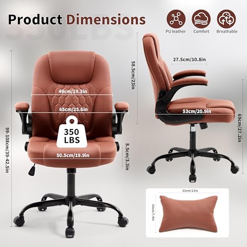 Leather Office Chair Swivel Lumbar Support for Short People Brown | Executive Office Chair PU,Leather Office Chair with Wheels,360° Swivel Rolling Chair with Padded Arm,Ergonomic Computer Chair - color: Brown