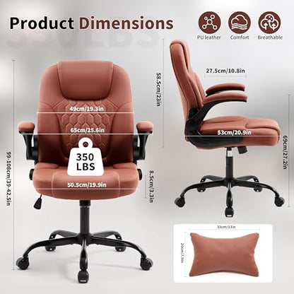 Leather Office Chair Swivel Lumbar Support for Short People Brown | Executive Office Chair PU,Leather Office Chair with Wheels,360° Swivel Rolling Chair with Padded Arm,Ergonomic Computer Chair - color: Brown