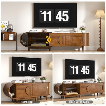 Small Extendable TV Stand for 40-75 Inches TVs, Entertainment Center | Media Console Table with Storage, 3 Cabinets, for Living Room & Bedroom, Modern, Mid Century, Walnut, 46.85" W-66.93" W