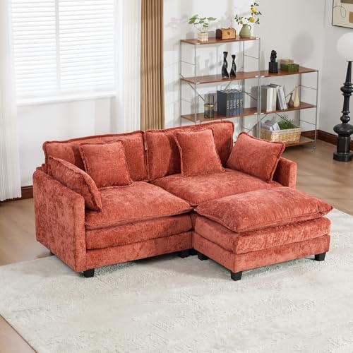 76.7” Oversized Orange Loveseat Sofa, 2 Seater Large Sectional Couches for Living Room, Chenille Fabric Modular Sectional Sofa with 1 Ottoman, Deep Seat Home Sofas Set, Love Seat Couches - color: Orange, size: 2 Seater + 1 Ottoman