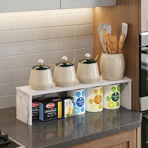 23-Inch Wide Counter Shelves, Stackable Organizer Shelf, Easy Assembly Spice Rack, Kitchen Countertop Organizer, for Pantry, Kitchen, Coffee Bar, Marble White - size: 23-Inch
