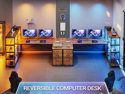 SEDETA 64.5" Reversible L Shaped Office Desk with Storage Drawers, Shelves | U Shaped Gaming Desk with 3 Fabric Drawers, Power Outlet & LED Strip, Bookshelf for Home Office, Rustic Brown - color: Rustic Brown