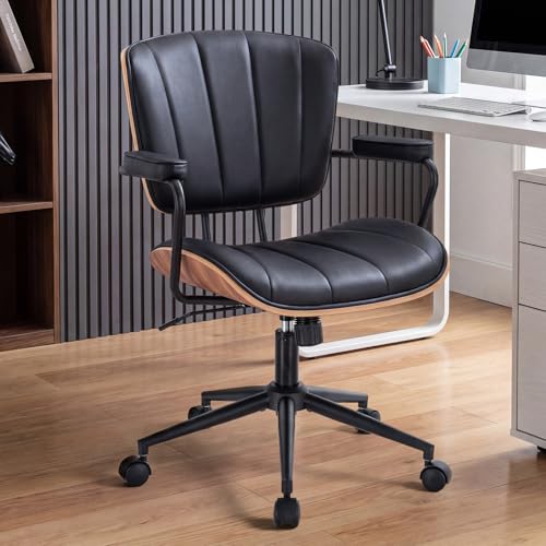 Mid Century Modern Walnut Leather Office Chair with Arms, Black | Fixed walnut bentwood back with armrests, height-adjustable swivel rolling base, PU leather seat, ideal for home office use - color: Black
