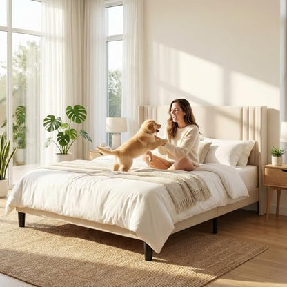 Gizoon Queen Bed Frame with Wingback Headboard, Upholstered Platform Bed | Bed Frame with Padded Headboard,Wooden Slats, Noise-Free, No Box Spring Needed, Easy Assembly,Beige - color: Beige, size: Queen