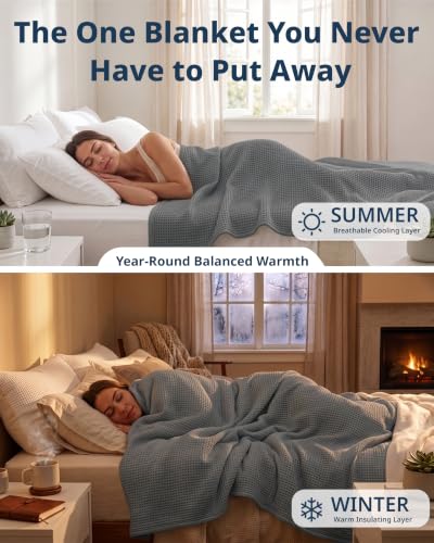 LANE LINEN King Blankets for the Bed - 300 GSM Cotton - Soft & Cozy Blankets - Breathable, Classic Waffle Texture & Durable Warm Blanket - Everyday Bed Use & Relaxing on Couch - 106"x90" - Sharkskin - color: 08: Sharkskin, size: King