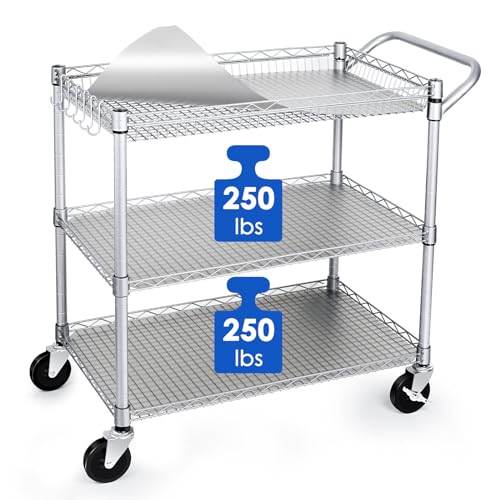 Heavy Duty 3 Tier Utility Cart,Wire Rolling Carts with Wheels, Commercial Grade Service Cart with Shelving Liners and Handle Bar Metal Carts for Kitchen Office Hardware - color: 750lbs Capacity Silver