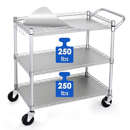 Heavy Duty 3 Tier Utility Cart,Wire Rolling Carts with Wheels, Commercial Grade Service Cart with Shelving Liners and Handle Bar Metal Carts for Kitchen Office Hardware - color: 750lbs Capacity Silver