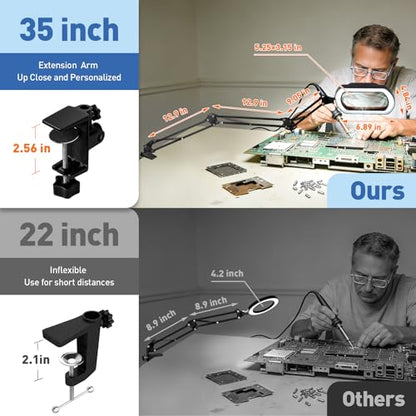 HITTI 12X Square Ultra Long Magnifying Glass with Light and Clamp | 3-Section Arm Hands Free Lighted Stand, 5 Color Modes, Stepless Dimming LED Desk Lamp for Workbench, Crafting, Reading-Yellow