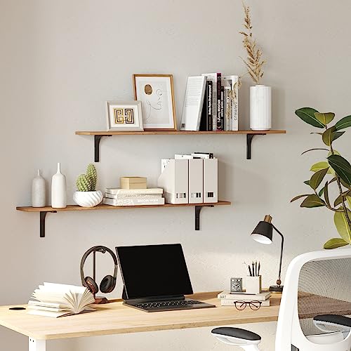 Long Wall Shelves, 39.4Inch Wooden Wall Mounted Shelves, Set of 4 | Large Floating Book Shelf, Metal Brackets, Easy Assembly, Max Load 33lbs, Wall Storage Ledges, Bedroom/Bathroom, Rustic Brown - color: Rustic Brown, size: 39.4 Inch (4 Pack)