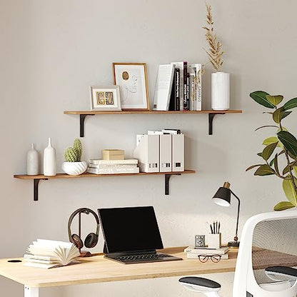 Long Wall Shelves, 47.3Inch Wooden Wall Mounted Shelves, Set of 2 | Large Floating Book Shelf, Metal Brackets, Easy Assembly, Max Load 33lbs, Wall Storage Ledges, Bedroom/Bathroom, Rustic Brown - color: Rustic Brown, size: 47.3 Inch