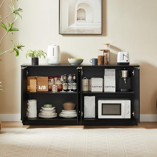 Modern 63 inch TV Stand, Black Media Console with Storage Cabinets and Vertical Stripe Design for Living Room, Curved Entertainment Center with Gold Handles for Bedroom and Hallway, Black-B - color: Black-b
