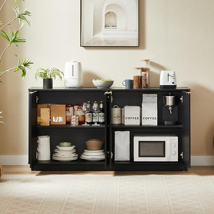 Modern 63 inch TV Stand, Black Media Console with Storage Cabinets and Vertical Stripe Design for Living Room, Curved Entertainment Center with Gold Handles for Bedroom and Hallway, Black-B - color: Black-b