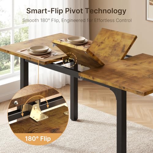 63“ Extendable Dining Table Set with 180° Smart-Flip Pivot, Retro | Dining Table Set for 4,Kitchen Table with Bench,Small Dining Table,Perfect for Small Space,Dinner Room Table Set for 6 - color: Rustic