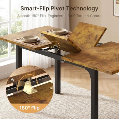 63“ Extendable Dining Table Set with 180° Smart-Flip Pivot, Retro | Dining Table Set for 4,Kitchen Table with Bench,Small Dining Table,Perfect for Small Space,Dinner Room Table Set for 6 - color: Rustic