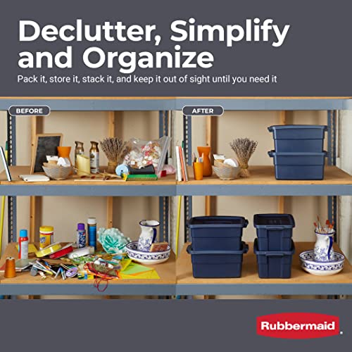 Rubbermaid Roughneck Tote 3 Gal, 6 Pack, Made in USA, Dark Indigo Metallic, Rugged Plastic Stackable Storage Bins with Lids and Handles - size: 3 Gal - 6 Pack