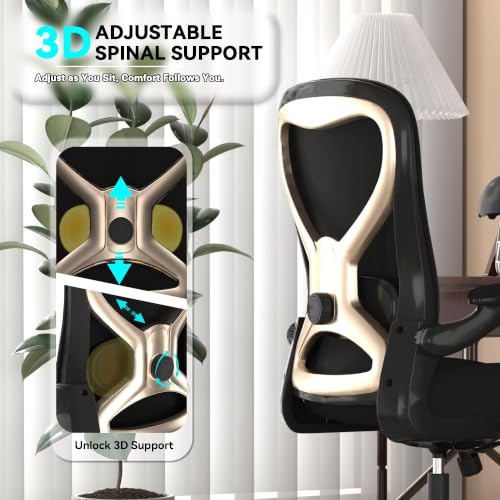Ergonomic Home Office Chair, 4-Way Lumbar, Thick Cushion, 330LBS | Adjustable Lumbar (up/down/in/out), Rocking Mesh Back, Flip-up Arms, Easy Assembly, Ideal for home offices & small workspaces - color: Black&gold