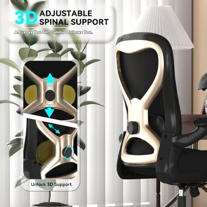 Ergonomic Home Office Chair, 4-Way Lumbar, Thick Cushion, 330LBS | Adjustable Lumbar (up/down/in/out), Rocking Mesh Back, Flip-up Arms, Easy Assembly, Ideal for home offices & small workspaces - color: Black&gold