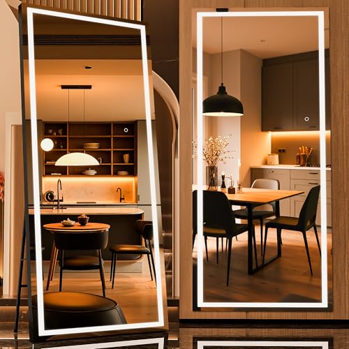 71" x 32" Full Length Mirror with Lights, LED Lighted Floor Standing Body Mirror, Dimmable & 3 Color Lighting for Bedroom, Cloakroom, Dressing Room, Tempered Glass, Black Frame - color: Black, size: 71"L x 32"W