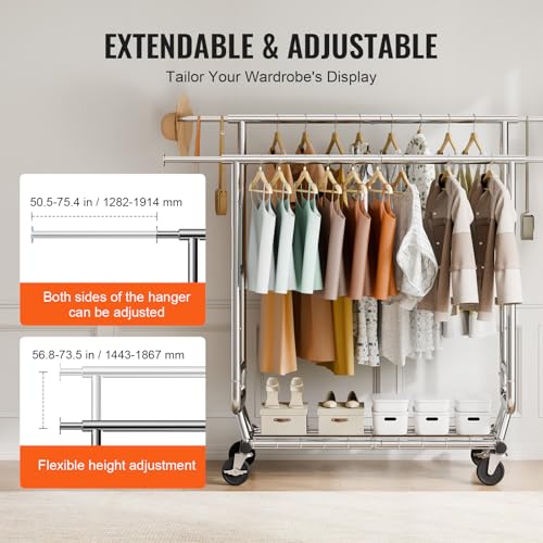 VEVOR Clothes Rack, Rolling Clothing Garment Rack, Extendable Carbon Steel Clothing Racks with Wheels for Bedroom, Laundry, Living Room - style: 2Rod,21.5"D x 75.4"W x 73.5"H