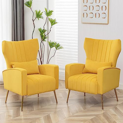 Modern Accent Chairs Set of 2, Comfy Wingback Armchair with Pillow Upholstered Sofa Chair Reading Chair for Bedroom, Living Room, Small Spaces Yellow Velvet - color: Y-ellow, size: Set of 2