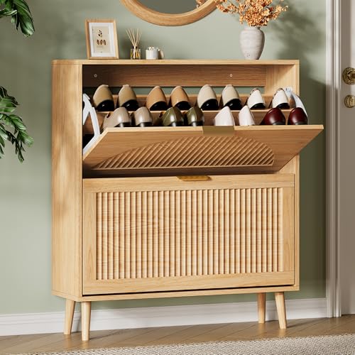 Xixini Shoe Storage Cabinet with 2 Flip Drawers, 36" Tall Narrow Wood Fluted Shoe Organizer for Entryway, Freestanding Wooden Hidden Slim Shoe Rack for Front Door Entrance, Hallway, Foyer, Natural Oak - color: Natural Oak, size: 2 Flip Drawers