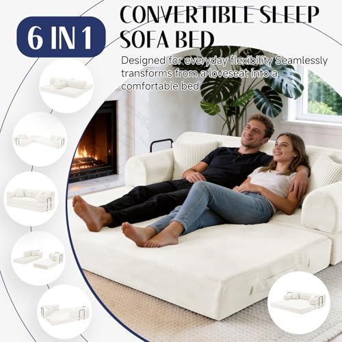 78.8" Convertible Sofa Bed with High Back,Boneless Couch for Living Room | Corduroy Memory Foam Boneless Couch, Sleeper Loveseat, High Back Support Futon Couch,2 Pillows, No Assembly,Beige - color: Beige, size: 79" High Backrest Sofa with Pillows
