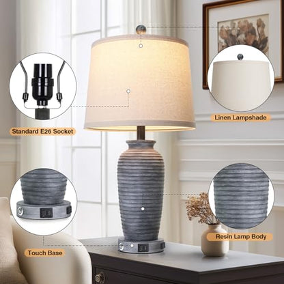 CINSARY 25" Retro Distressed Black Farmhouse Jar Table Lamps Set of 2, 3 Way Touch Control Rustic Bedside Lamps with USB A+C Ports & AC Outlet, Pot Nightstand Lamps for Bedroom Living Room - color: Distressed Black