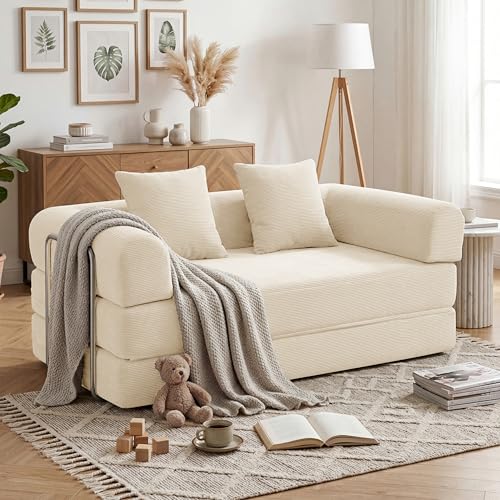 59'' Convertible Compressed Corduroy Folding Cloud Sofa Bed, Modern Boneless Pull Out Loveseat Sleeper in a Box, 4 in 1 Floor Mattress Futon Cloud Couch, No Assembly Needed, Beige, 2 Pillows, Queen - color: Beige, size: 59''