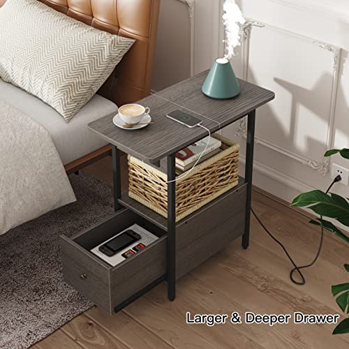 LIDYUK End Table with Charging Station, Narrow Side Table with Drawer | Equipped with USB Ports & Power Outlets, Nightstand Bedside Tables for Small Spaces, Bedroom, Living Room, Dark Grey - color: Dark Grey, size: Pack of 2