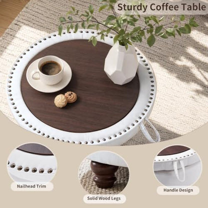 30" Round Storage Ottoman Coffee Table, Tufted Lid & Wood Top, Beige | Nailhead Trim Solid Wood Legs Extra Large Footrest Linen-Like Fabric - color: Beige
