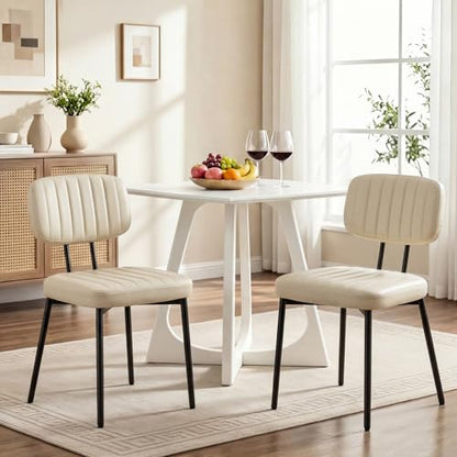 Dining Chairs Set of 2, PU Leather Upholstered Kitchen Chairs | Metal Legs, Mid Century Shell Style Backrest for Dining Living Room, Beige White - color: Beige White, size: Set of 2